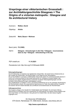 Ursprünge Einer Viktorianischen Grossstadt : Zur Architekturgeschichte Glasgows = the Origins of a Victorian Metropolis : Glasgow and Its Architectural History