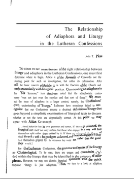 The Relationship of Adiaphora and Liturgy in the Lutheran Confessions