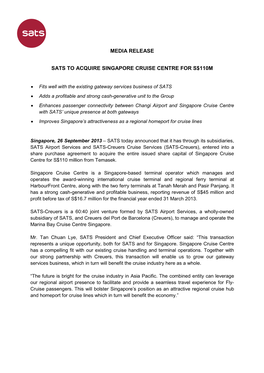 Media Release Sats to Acquire Singapore Cruise Centre