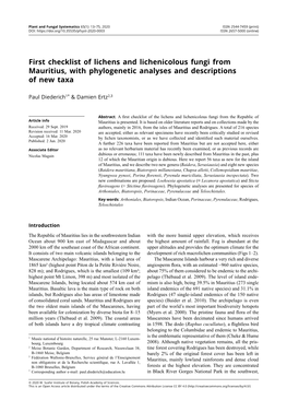 First Checklist of Lichens and Lichenicolous Fungi from Mauritius, with Phylogenetic Analyses and Descriptions of New Taxa