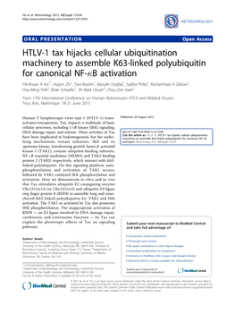 HTLV-1 Tax Hijacks Cellular Ubiquitination Machinery to Assemble K63-Linked Polyubiquitin for Canonical NF- B Activation