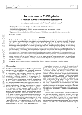 Lopsidedness in WHISP Galaxies: I. Rotation Curves and Kinematic Lopsidedness