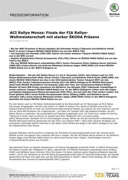 ACI Rallye Monza: Finale Der FIA Rallye- Weltmeisterschaft Mit Starker ŠKODA Präsenz 01.12.2020 15:20