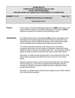 Correctional Managed Health Care Policy and Procedures for Use Within the Connecticut Department of Correction
