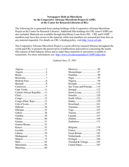 Newspapers Held on Microform by the Cooperative Africana Microfrom Project (CAMP) at the Center for Research Libraries (CRL)
