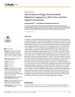 Germination Ecology of Turnip Weed (Rapistrum Rugosum (L.) All.) in the Northern Regions of Australia