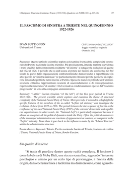 Il Fascismo Di Sinistra a Trieste Nel Quinquennio 1922-1926