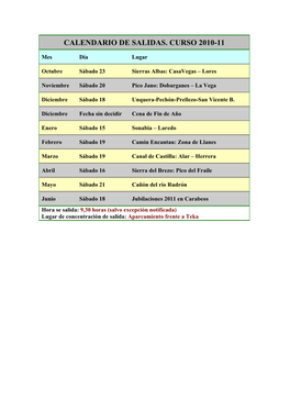 Calendario De Salidas. Curso 2010-11