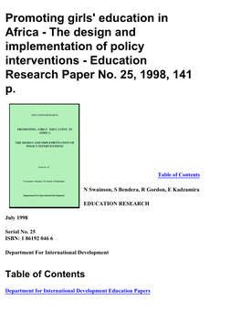 Promoting Girls' Education in Africa - the Design and Implementation of Policy Interventions - Education Research Paper No