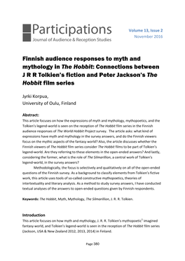 Finnish Audience Responses to Myth and Mythology in the Hobbit: Connections Between J R R Tolkien’S Fiction and Peter Jackson’S the Hobbit Film Series