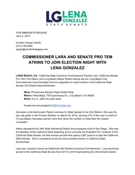 Commissioner Lara and Senate Pro Tem Atkins to Join Election Night with Lena Gonzalez