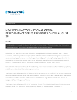 New Washington National Opera Performance Series Premieres on Xm August 28