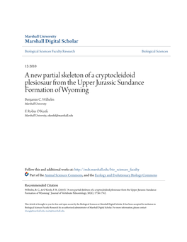 A New Partial Skeleton of a Cryptocleidoid Plesiosaur from the Upper Jurassic Sundance Formation of Wyoming Benjamin C