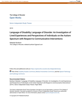 An Investigation of Lived Experiences and Perspectives of Individuals on the Autism Spectrum with Respect to Communicative Interventions