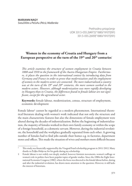 Women in the Economy of Croatia and Hungary from a European Perspective at the Turn of the 19Th and 20Th Centuries*