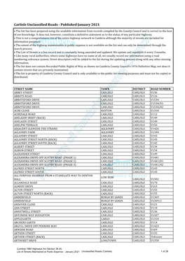 Carlisle Unclassified Roads - Published January 2021