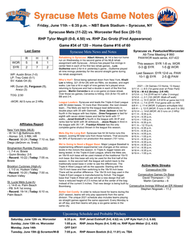June 11Th Syracuse Mets Game Notes Vs. Worcester Red