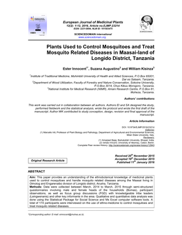 Plants Used to Control Mosquitoes and Treat Mosquito Related Diseases in Maasai-Land of Longido District, Tanzania