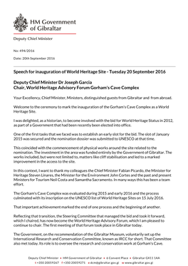 Speech for Inauguration of World Heritage Site - Tuesday 20 September 2016