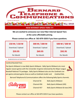 May 2021 NEW INTERNET SPEED TIERS !!!! We Are Excited to Announce Our New Fiber Internet Speed Tiers at the Same Affordable Pricing