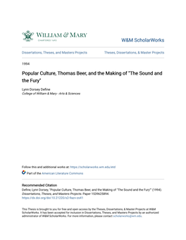 Popular Culture, Thomas Beer, and the Making of "The Sound and the Fury"