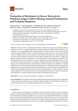 Evaluation of Resistance to Fescue Toxicosis in Purebred Angus Cattle Utilizing Animal Performance and Cytokine Response