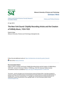 The New York Sound: Citybilly Recording Artists and the Creation of Hillbilly Music, 1924-1932