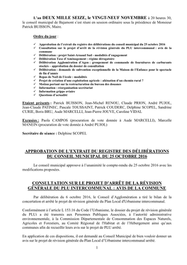 L'an DEUX MILLE SEIZE, Le VINGT-NEUF NOVEMBRE À 20 Heures 30, APPROBATION DE L'extrait DU REGISTRE DES DÉLIBÉRATIONS DU C