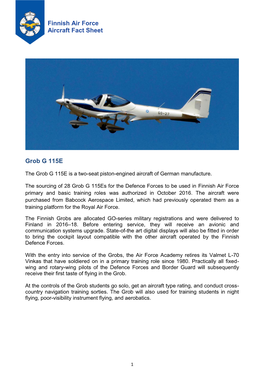 Finnish Air Force Aircraft Fact Sheet Grob G 115E