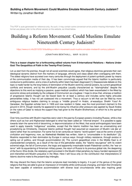 Building a Reform Movement: Could Muslims Emulate Nineteenth Century Judaism? Written by Jonathan Benthall