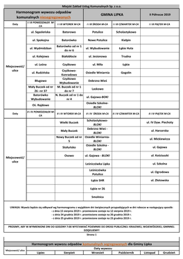 GMINA LIPKA Harmonogram Wywozu Odpadów Komunalnych