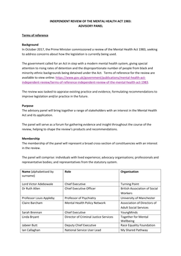 Independent Review of the Mental Health Act 1983: Advisory Panel