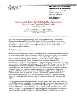 Comments on the Pantex Plant Radiological Investigation Report Prepared for Serious Texans Against Nuclear Dumping Revised June 9, 2004