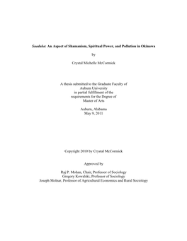 Saadaka: an Aspect of Shamanism, Spiritual Power, and Pollution in Okinawa by Crystal Michelle Mccormick a Thesis Submitted to T