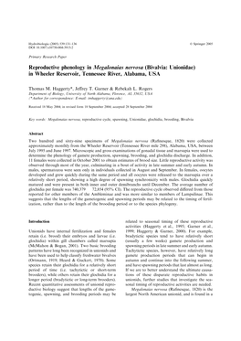 Reproductive Phenology in Megalonaias Nervosa (Bivalvia: Unionidae) in Wheeler Reservoir, Tennessee River, Alabama, USA