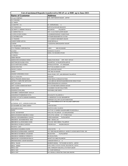 Name of Customer Address List of Unclaimed Deposits Transferred To