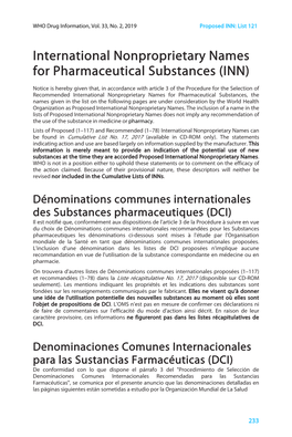 Listes De DCI Proposées N'implique Aucune Recommandation En Vue De L'utilisation De La Substance Correspondante En Médecine Ou En Pharmacie