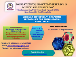 FOUNDATION for INNOVATIVE RESEARCH in SCIENCE and TECHNOLOGY Vallankumaran Vilai, NGO Colony Road, Ngercoil-629002, Kanyakumari Dt