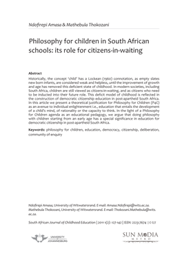 Philosophy for Children in South African Schools: Its Role for Citizens-In-Waiting