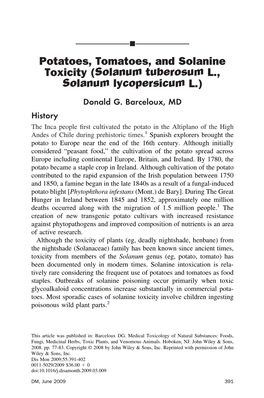 Potatoes, Tomatoes, and Solanine Toxicity (Solanum Tuberosum L., Solanum Lycopersicum L.)