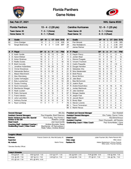 Florida Panthers Game Notes