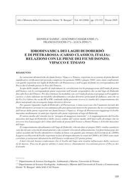 Idrodinamica Dei Laghi Di Doberdò E Di Pietrarossa (Carso Classico, Italia): Relazioni Con Le Piene Dei Fiumi Isonzo, Vipacco E Timavo