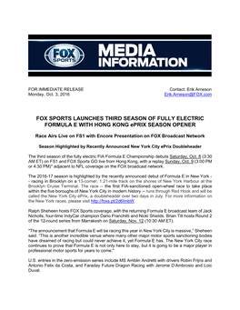 FOX SPORTS LAUNCHES THIRD SEASON of FULLY ELECTRIC FORMULA E with HONG KONG Eprix SEASON OPENER