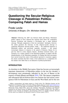 Questioning the Secular-Religious Cleavage in Palestinian Politics: Comparing Fatah and Hamas