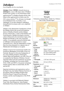 Jabalpur Coordinates: 23°10′N 79°56′E from Wikipedia, the Free Encyclopedia