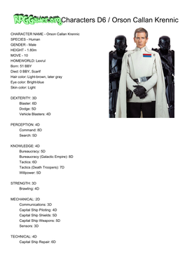 Rpggamer.Org (Characters D6 / Orson Callan Krennic) Printer Friendly