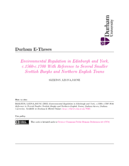 Environmental Regulation in Edinburgh and York, C.1560-C.1700 with Reference to Several Smaller Scottish Burghs and Northern English Towns