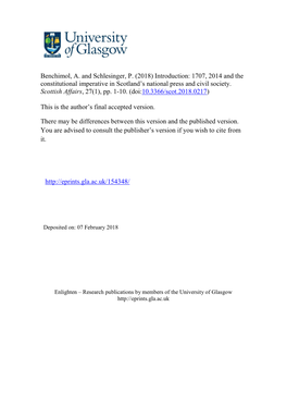 1707, 2014 and the Constitutional Imperative in Scotland's National