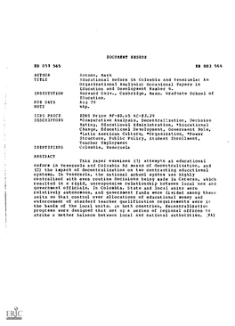 Educational Reform in Colombia and Venezuela: an Organizational Analysis: Occasional Papers in Education and Development Number 4