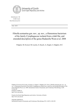 Fibrella Aestuarina Gen. Nov., Sp. Nov., a Filamentous Bacterium of the Family Cytophagaceae Isolated from a Tidal Flat, and Emended Description of the Genus Rudanella Weon Et Al. 2008